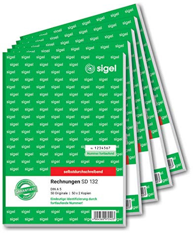 SIGEL SD132/5 Rechnungen fortlaufend nummeriert, eindeutige 7stellige Nummer wie vom Finanzamt vorgeschrieben, A5, 3x50 Blatt, selbstdurchschreibend, 5 Stück, mit Abheftlochung, Rechnungsblock