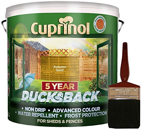 New 2018 Cuprinol Ducksback Shed & Fence Paint 9 Litre Autumn Gold. Includes PSP 4” fence application woodcare brush. Protection for 5 Years. Non Drip, Water Repellent and Frost Defence.