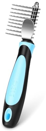 Flexzion Dogs Dematting Comb, Stainless Steel Blades Rakes, for Pets Cats Animals Matted Knotted Hair, Brush Cutting Removing Grooming Tool with Smooth Teeth Needle - Black & Blue Handle