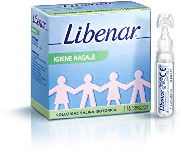 Libenar Flaconcini Soluzione Fisiologica Salina, Isotonica Sterile per la Detersione di Naso e Occhi di Bambini e Neonati - Confezione da 15 Flaconcini da 5 ml