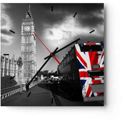 Modern Wanduhr Bus London Big Ben Gebäude 40x40cm Quadrat Groß Wand Uhr Glas Analog Zimmeruhren Küche Büro Wohnzimmer Glasuhr Wall Clock Dekoration Design Wanddekoration Küchenuhr C3AC40x40-2670
