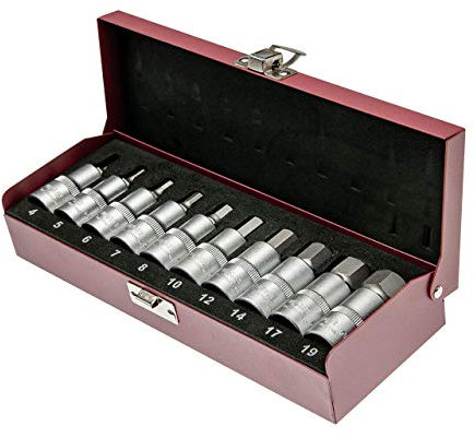 1/2 Innensechskant Nuss Set 10 teilig 4 bis 19 mm | Sechskant Bit Set für Steckschlüssel in Stahlblechkasten | WGB Das Werkzeug