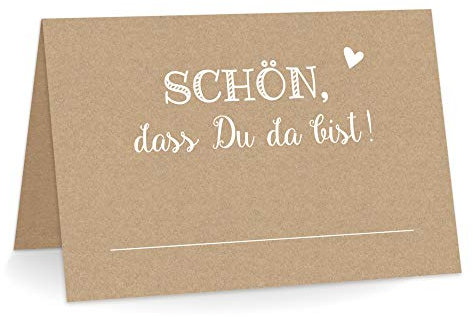 KuschelICH Premium Tischkarten Schön, DASS Du da bist! mit Herz Platzkarten zum selbst Beschriften (Kraftpapier, 25)
