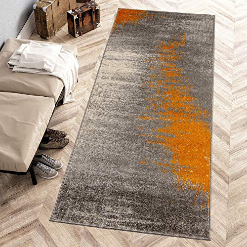 Carpeto Rugs Modern Läufer Flur Teppich Abstrakt Muster - Kurzflor Teppichläufer für Flur, Küche, Schlafzimmer, Esszimmer - Flurläufer in Versch. Größen und Farben - Grau Orange 60 x 200 cm
