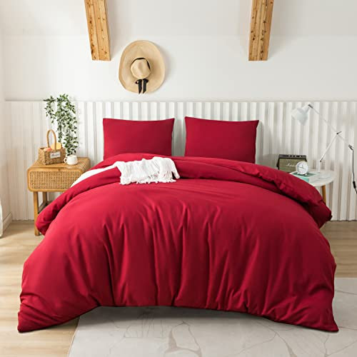 MOHAP Housse de Couette 200x200cm+2 Taies d'oreillers 65x65cm Rouge Parure de Lit Adulte 2 Personnes 100 Fils/cm² en Microfibre avec Fermeture Éclair