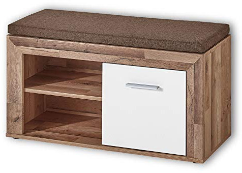 Stella Trading TEXAS Schuhbank mit Sitzfläche in Yaki Oak Optik, Weiß - bequeme Sitzbank mit Stauraum für Ihren Flur - 96 x 53 x 38 cm (B/H/T)
