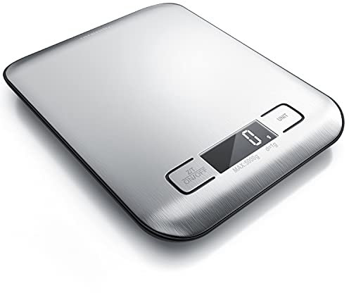 Arendo - Edelstahl Küchenwaage digital – 18 x 14 cm - weißes LED Display mit Hintergrundbelechtung – Tara Zuwiegefunktion – 2 Buttons - Auto Off – g/oz/ml/lb:oz