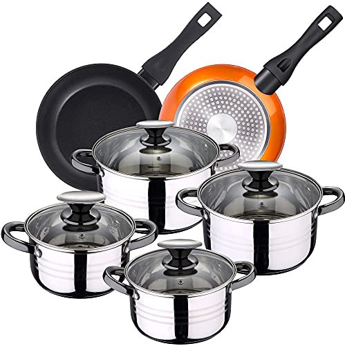 San Ignacio Bateria de cocina 8 piezas apta para induccion Hita en acero inoxidable con juego de sartenes Neon (20,24 cm) en aluminio forjado aptas para induccion, PK3230