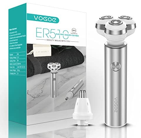 VOGOE Rasoio Elettrico Barba Elettrico Uomo, Ricaricabile 3D Rasoi Rotanti Elettrici Per Barba, Wet & Dry Con Rifinitore Per Naso, Senza Fili, Argento ER510