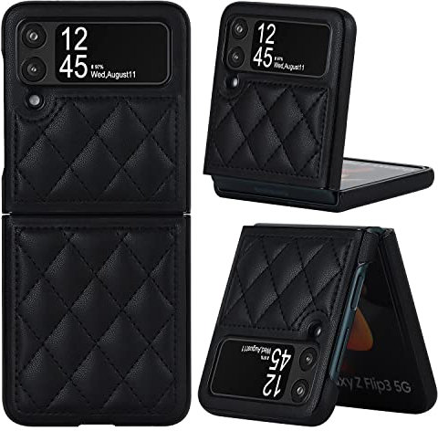XIZYO for Samsung Galaxy Z Flip 3 Leather Case, Hard PC Shell Solid Color Folding Shockproof Phone Cover, for Women Girls Slim Luxury Non-Slip Phone Case, Black