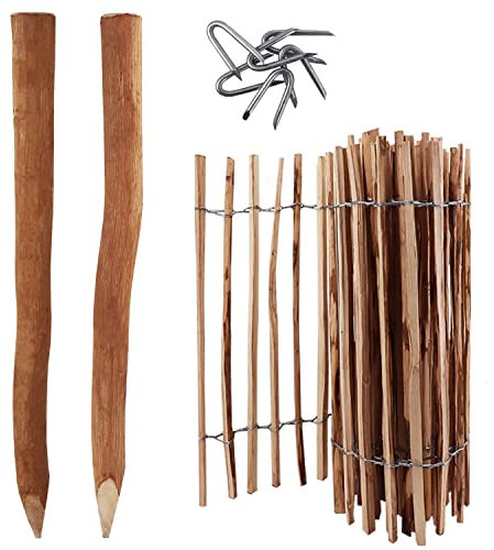 5m Komplett Set Staketenzaun 60cm hoch Lattenabstand 4-6cm mit 5 Holzpfosten 1,05m lang & Krampen Gartenzaun Kastanienzaun aus Haselnuss Langlebiger Holzzaun