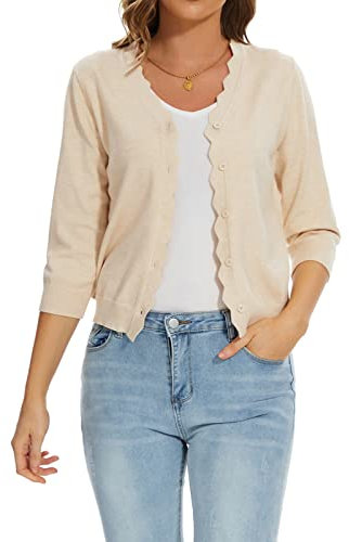 MINTLIMIT V Neck Jumpers for Women UK Knitted Cardigan Womens 3/4 Sleeves Sweaters Size 12 14 (WH-Beige M)