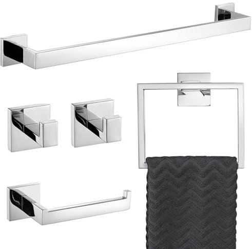 TURS Ensemble de 5 pièces de matériel de Salle de Bain en Chrome Poli avec Barre Porte-Serviette, Anneau Porte-Papier Toilette et 2 Crochets Porte-Serviette, Fixation Murale en Acier Inoxydable