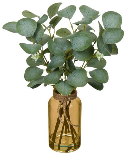 35 cm Künstliche Eukalyptus Zweige Mit Amber Glasvase, Kunststoff Pflanze, Realistische Deko Silberdollar für Hochzeit Tischdeko Büro Wohnzimmer