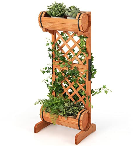 GiantexUK Double Barrel Garden Planter with Trellis, Fir Wood Raised Garden Bed Stand, Outdoor Elevated Flower Pots Planting Box for Climbing Plants Vegetables Herbs (46x36x113cm)