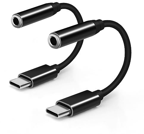 Adaptador de USB-C a Conector de Auriculares de 3,5 mm (Pack de 2), Adaptador de Auriculares Aux a USB C de Tipo C a 3,5 mm Aux Compatible con Samsung Galaxy, iPad Pro, MacBook(Negro)
