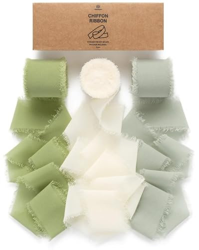 Vitalizart Schleifenband Grün & Cremeweiß, 3,8 cm x 19,2 m Geschenkband Breit Hochzeit Chiffonband Stoffband, Bänder-Set für Hochzeitseinladungen, Brautsträuße, Geschenke, Verpackungen