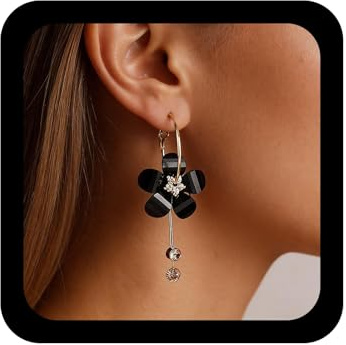 Aneneiceera Vintage Harz Schwarz Blume Reif Ohrringe Acryl Schwarzes Blütenblatt Baumeln Ohrringe Kristall Blume Tropfen Ohrringe Emaille Gänseblümchen Ohrringe Schmuck Für Frauen Und Mädchen(schwarz)