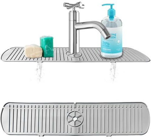 FYJLXF Kitchen Sink Splash Guard Mat, 24 Inch Handle Drip Catcher Tray, Silicone Faucet Sink Splash Pad, Water Drying Pad for Kitchen and Bathroom Countertop Protect