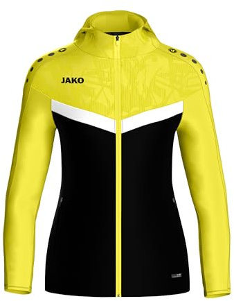 JAKO ICONIC Kapuzenjacke Gr. 36 Schwarz/Soft Yellow - Zipper Hoodie Damen, Bequeme Sweatjacke mit Keep Dry Funktion aus 100% recyceltem Polyester