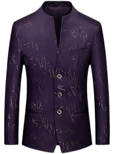 FWSHANGMAO Blazer Classico da Uomo, Giacca da Nonno con Colletto Cinese Giacca Classica A 3 Bottoni con Motivo Cachemire Abito Slim Fit per Cena, Festa, Blazer, Viola, XL