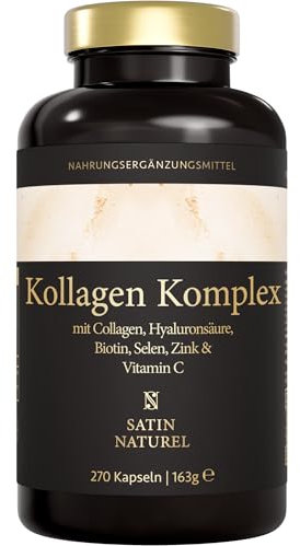 Satin Naturel Hyaluron Kollagen Komplex - 270 hochdosierte Kapseln - Angereichert mit Biotin, Selen, Zink, Vitamin C und Bambusextrakt für Haut, Haare und Nägel - Made in Germany