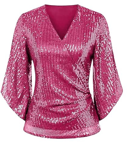Top da donna con paillette, camicetta da festa, elegante, per sera, matrimonio, scollo a V, camicia a maniche a 3/4, moderna, estiva, tunica, maglietta per feste, abbigliamento vintage, Rosa acceso.,