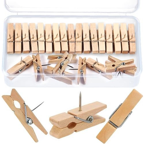 Alethron Holzklammern mit Stecknadeln 50 Stück Natürlich Holz Push Pins Clips Pinnadeln Holz Reißnägel Reißzwecken für Korktafeln Handwerk Büros Zuhause