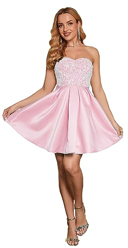 Angel-fashions - Abito da donna senza spalline con paillette, a-line, elegante, corto, da ballo, abito da cocktail, Rosa, 46