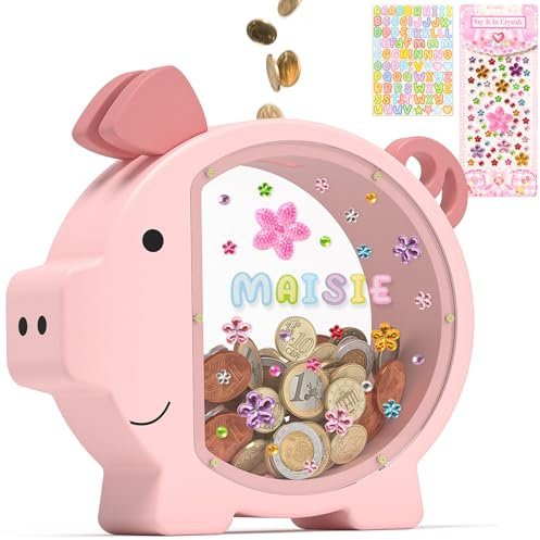Summidate Holzsparschwein für Kinder, unzerbrechlich, niedlich, personalisiert, mit DIY-Aufkleber, kreative Spardose zum Geburtstag, Rosa