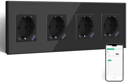 BSEED Wlan Schuko Steckdose mit USB C 20W Schnellladegerät,Smart Steckdose Unterputz mit Strommessung,Arbeit mit Alexa/Google Home,Stromzähler für Mehrfachsteckdose mit Smart Life App,4 Fach Schwarz