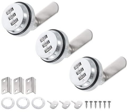 PATIKIL 3/4 Combination Cam Lock, 3 Pcs File Cabinet Locks with Combination Password Coded Cabinet Locks with Cylinder Chrome for 0.2-0.5 Thick Wood Drawer Mailbox Filing Cabinet, Silver
