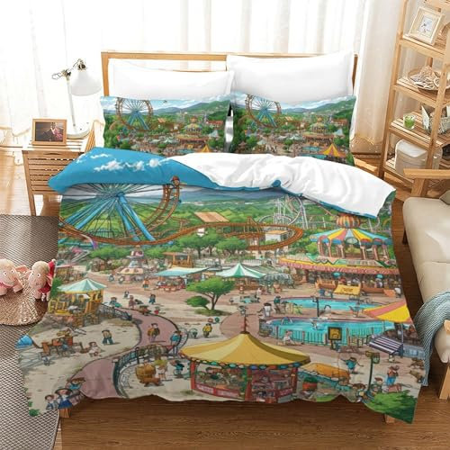GZCVBDYUY Vergnügungspark 3D Gedruckt Bettwäsche Set 3 Teilig Bettbezug Set Mit Kissenbezügen Soft Microfaser Luxus Modern Mit Reißverschluss Für Erwachsene Und Kinder Single(140x200cm)