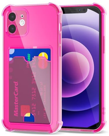Svanove for iPhone 12 Mini Case Wallet Clear, Card Holder Case with Credit Card Slot, Thin Slim Transparent Silicone Grip Soft Rubber Protective Shockproof Airbag Bumper for Women, Hot Pink