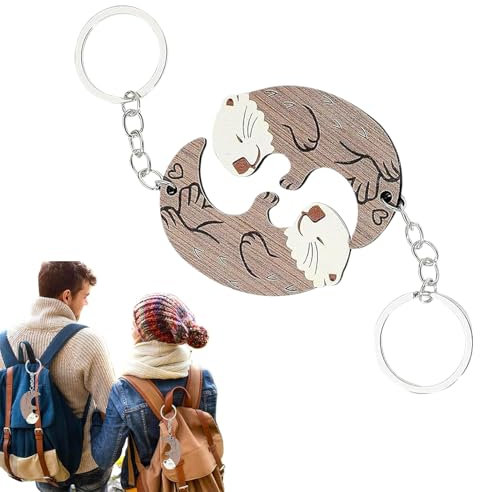 2 Stück Otter Schlüsselanhänger Holz Partner Schlüsselanhänger,Tierpaar Schlüsselanhänger,Otter Geschenk,Pärchen Schlüsselanhänger für Pärchen Freundschaft-Otter Motiv Schutzengel Schlüsselanhänger