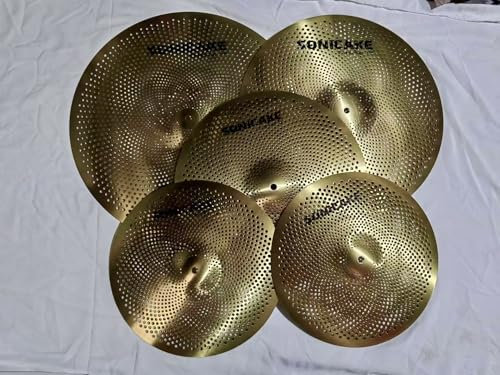 SONICAKE Cymbal Set mit geringer Lautstärke 14 HiHat+16 Crash+18 Crash+20 Ride Beckenset Golden 5 Stücke
