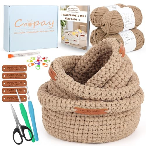 Coopay Häkelset für Anfänger – 3 Größen – runde Körbe – Anleitung zum Selbermachen – Wolle und Zubehör