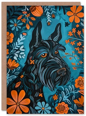 Artery8 Scottish Terrier Blue Orange Floral Dog Lover Blank For Him Or Her Art Birthday Card