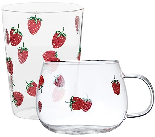 Set di 2 tazze a forma di fragola, in vetro trasparente con tazza da caffè, tazza da caffè freddo, bicchieri per frullati con motivo fragola, per acqua, succo, latte, caffè e tè