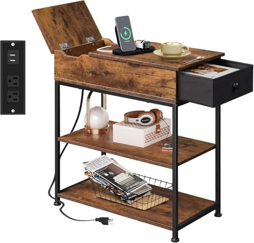 WLIVE Side Table, Narrow Side Table with Charging Station, Bedside Table with 2 USB & AC Outlets, Sofa Table with Fabric Drawer & Shelf, for Bedroom, Living Room - 30x60x61 cm, Rustic Brown