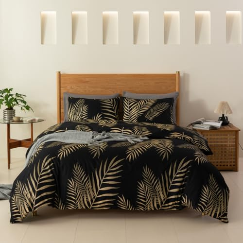 YASMENG Bettwäsche 155x220 Gold Schwarz Blätter Bettwäsche Gold Blätter Motiv Modern Weich Mikrofaser Bettbezug Set 3 Teilig mit Reißverschluss und 2 Kissenbezüge 80x80 cm