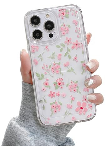 QLTYPRI for iPhone 15 Case, Cute Pink Floral Flower Pattern Aesthetic Phone Case, Raised Camera Protection Soft Slim TPU Shockproof Protective Phone Cover for Girls Women - Clear