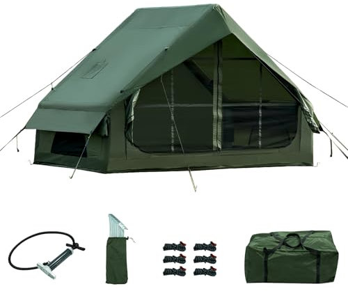 Aufblasbares Campingzelt mit Handpumpe Einfacher Aufbau Wasserdicht Winddichtes Outdoor Aufblasbares Zelt 2-4 Personen Oxford Glamping Luftzelt Hüttenhaus (Grün /3-4 Pers (300 * 200 * 200cm))