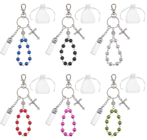 Hobbspring 6pcs Holy Water Rosary Bead Keychain 6 Colors Catholic Keychain Holy Water Bottles Keychains with Crucifix and Organza Bags for Catholic Christian Easter First Communion Party Favor
