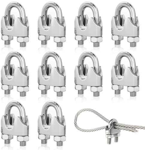 Wire Rope Clip, 10Pcs M4 Cable Clamps U-Shape Bolt Stainless Steel Wire Rope Clamp 4mm Cable Clips Wire Rope Cable Grip for Tensioning Steel Wire Ropes Household Transportation Industry (M4)