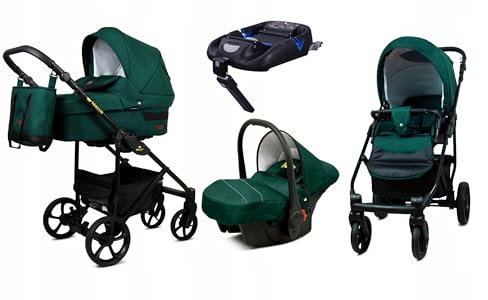 BabyLux® Kinderwagen Set 4 in 1 - Trailux - Bottle Green - incl. Babywanne, Buggy Sportsitz, Auto-Babyschale, Basisstation - Autositz - Kinderwagenset - Kombikinderwagen mit Wickeltasche usw.