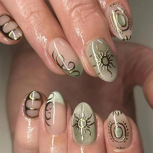 GlamRays Almond Press-on-Nägel Kurze Ovale Falschnägel Glitzer Grün Glanz Voll-Bestückung Klebe-Nägel Chrome Gold-Linie Sonnen-Designs Französische Falschnägel Handgemacht 24 Stück