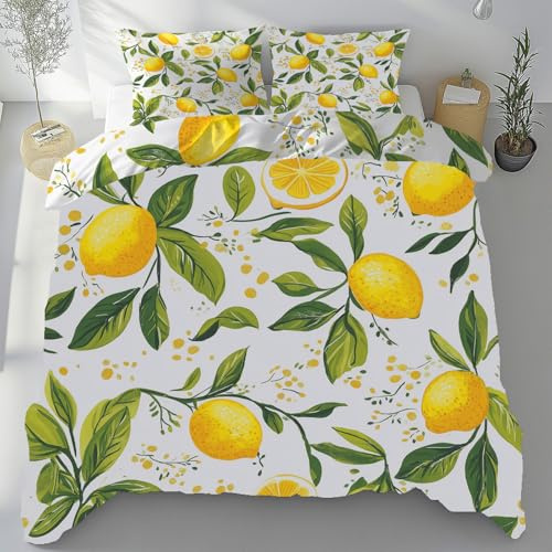 Sobhdga Zitrone Obst Bettwäsche 135x200 3teilig, Tropische Pflanzen Bettwäsche-Sets Mikrofaser, Grün Blatter Bettbezug Weich, mit Reißverschluss Und 2 Kissenbezug 80x80 cm
