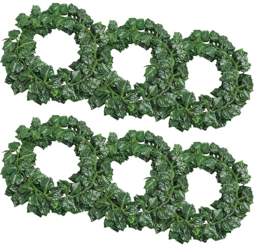 6 Stück Realistische Weinreben-Girlanden – Künstliche Traubenblätter mit Ranken für Innen/Außen | UV-beständige Hängepflanzen für Hochzeitsdekoration, Gartenzaun & Wohnzimmerwand