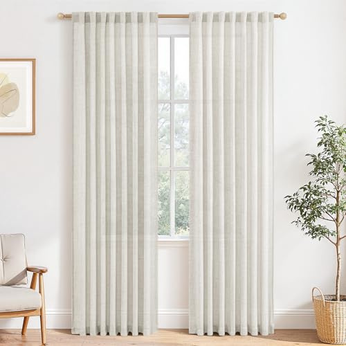MRTREES Linen Curtains Living Room Gardine für Stangendurchzug Vorhang Kinderzimmer Boho Leinen Halbtransparent Vorhänge im Landhausstil für Wohnzimmer 2er Set H 225 x B 140 cm, Elfenbeinweiß